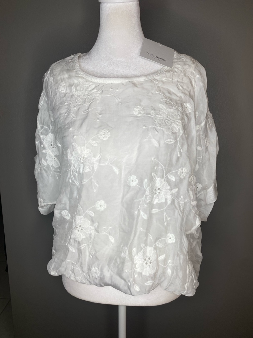 NWT! Tendenze Italy White Silk Blend Embroidered Lined Short Sleeve Blouse  - S